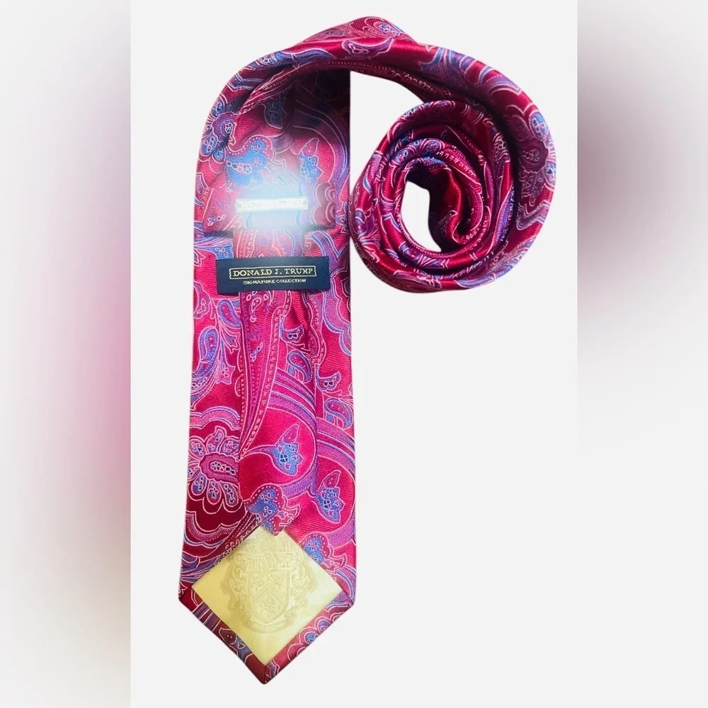 DONALD J TRUMP- Vibrant Paisley Silk Tie -  RED Pink and Blue
